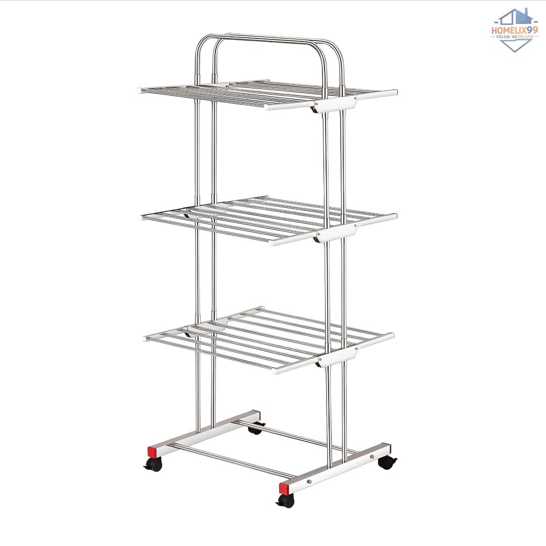 Heavy Duty Stainless Steel Foldable Cloth Drying Stand – 3-Layer Design with Castor Wheels