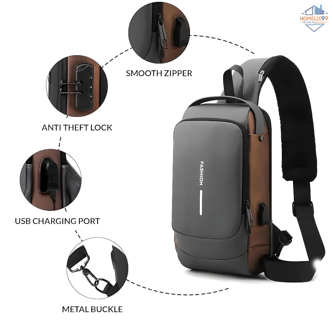 Waterproof Anti-Theft Sling Bag with USB Charging Port – Hard Shell Travel Crossbody Backpack