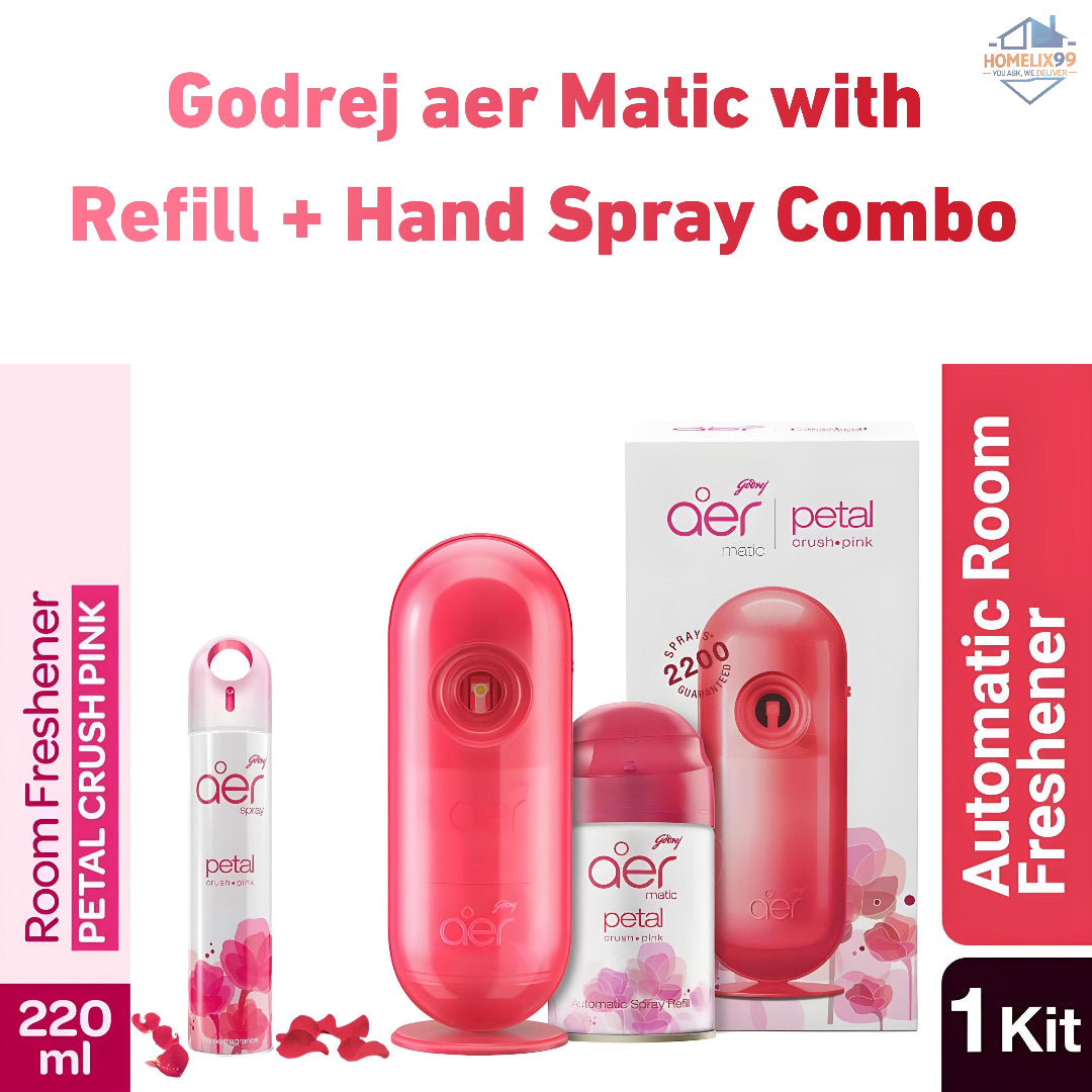 Godrej aer Matic Automatic Air Freshener Kit + Hand Spray – Petal Crush Pink Combo