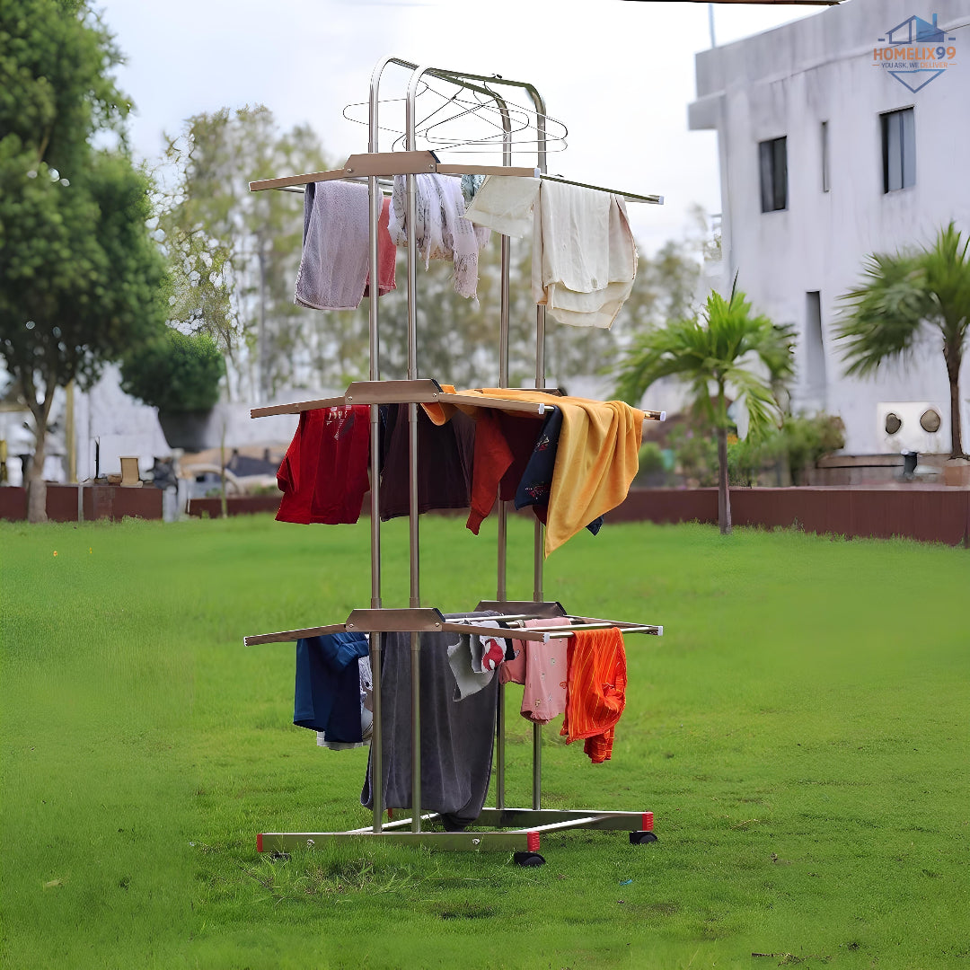 Heavy Duty Stainless Steel Foldable Cloth Drying Stand – 3-Layer Design with Castor Wheels