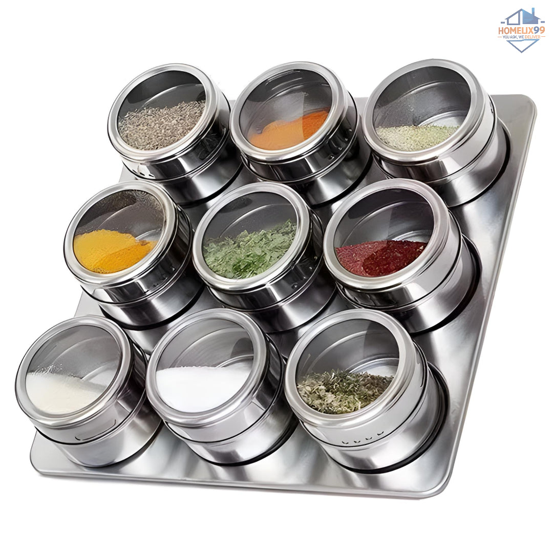 ✨ SS Magnetic Spice Rack – Stainless Steel Jar with Rotating Lid & Fridge Mount (1 Pc) 🧂🌿