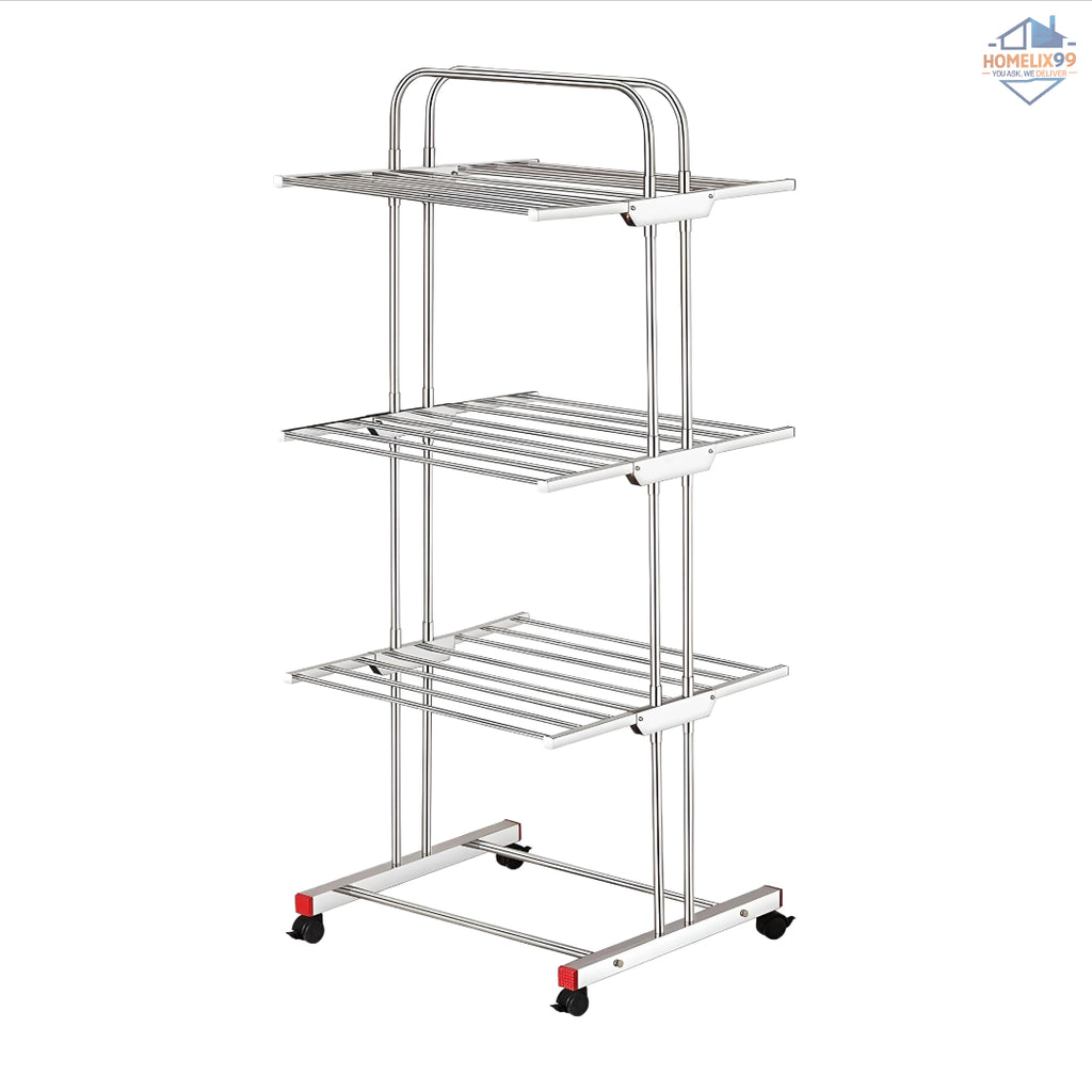 Heavy Duty Stainless Steel Foldable Cloth Drying Stand – 3-Layer Design with Castor Wheels