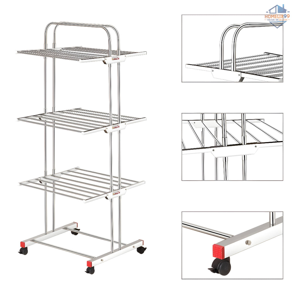Heavy Duty Stainless Steel Foldable Cloth Drying Stand – 3-Layer Design with Castor Wheels