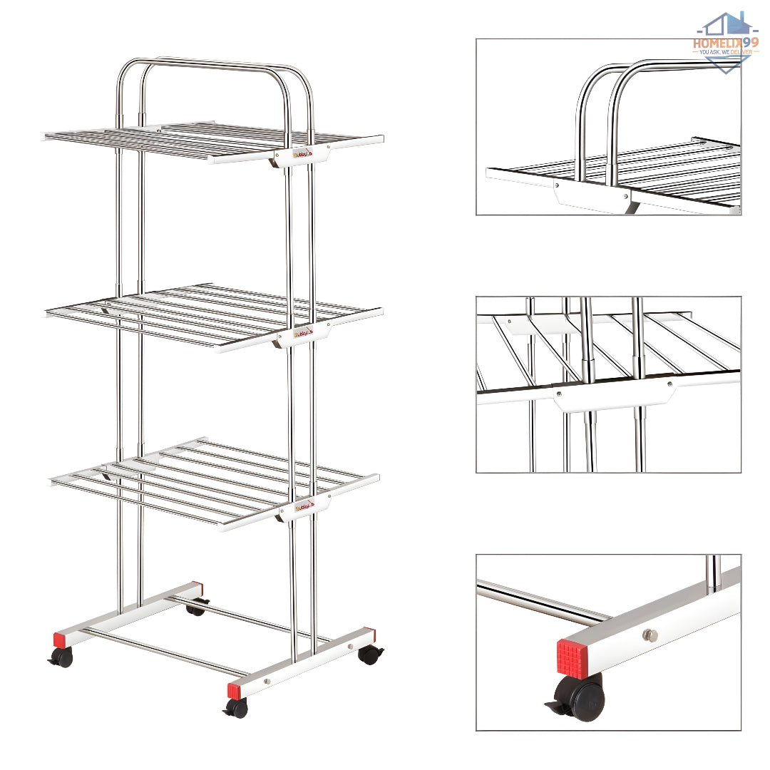 Heavy Duty Stainless Steel Foldable Cloth Drying Stand – 3-Layer Design with Castor Wheels