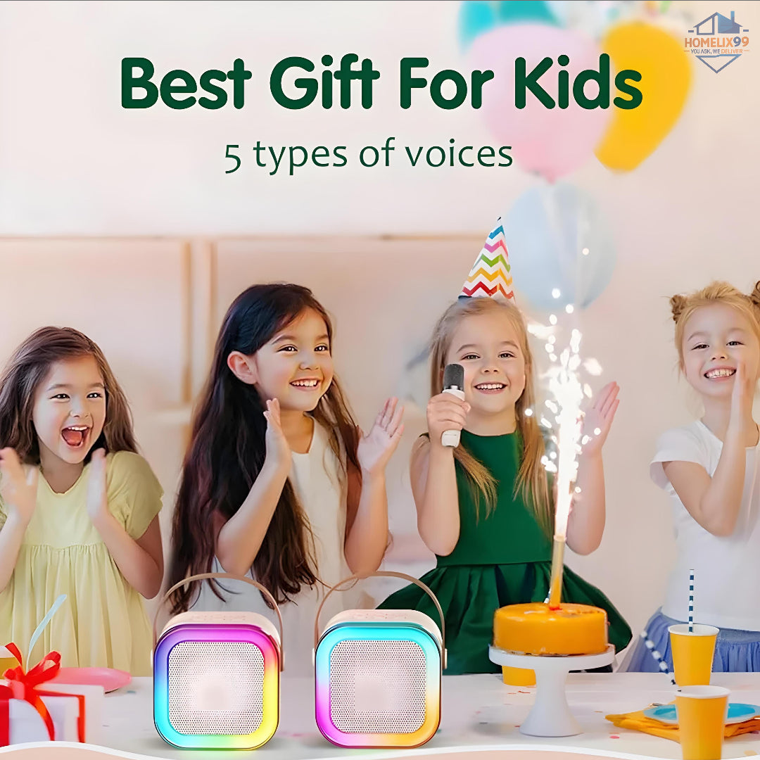Mini Bluetooth Karaoke Machine for Kids – Wireless Speaker with Mic, Voice Changer & LED Lights