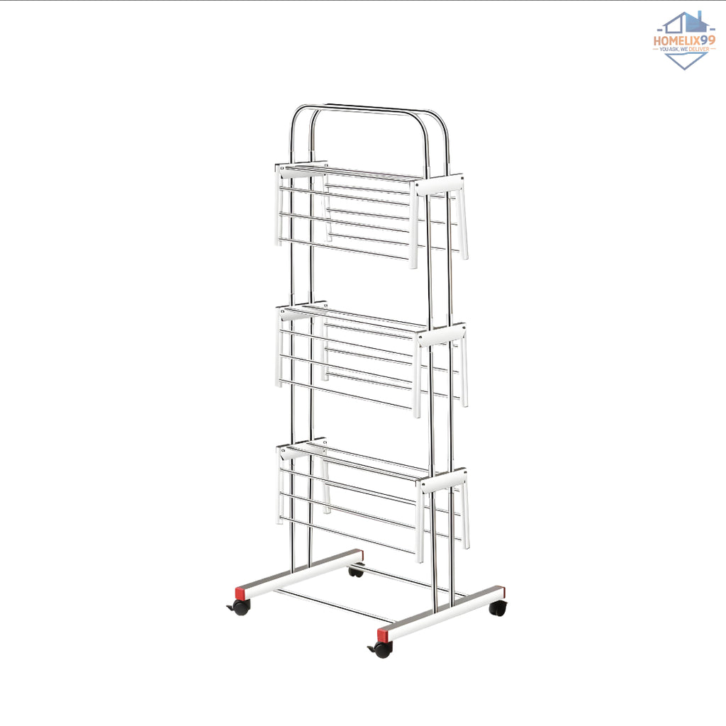 Heavy Duty Stainless Steel Foldable Cloth Drying Stand – 3-Layer Design with Castor Wheels