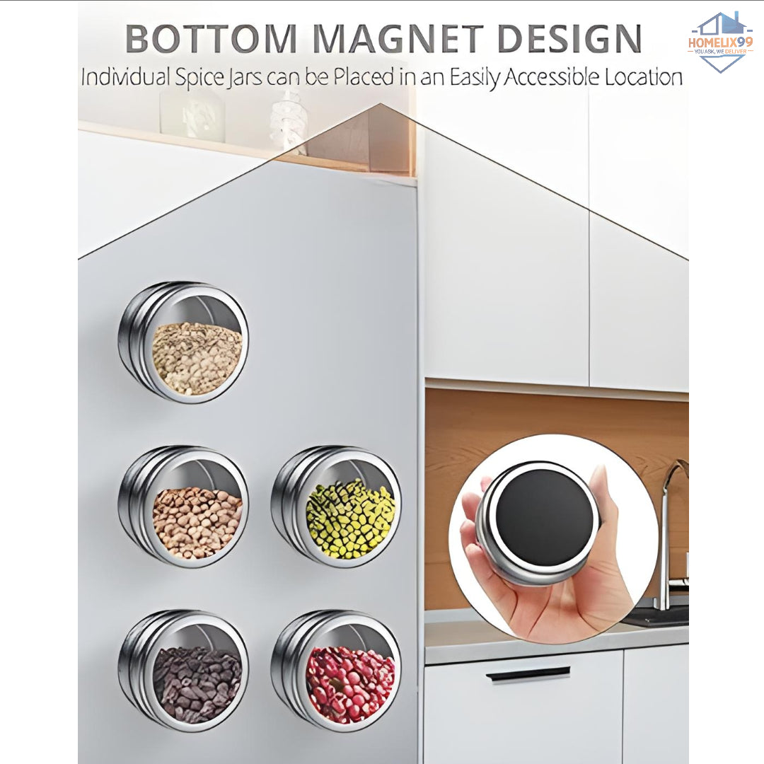 ✨ SS Magnetic Spice Rack – Stainless Steel Jar with Rotating Lid & Fridge Mount (1 Pc) 🧂🌿
