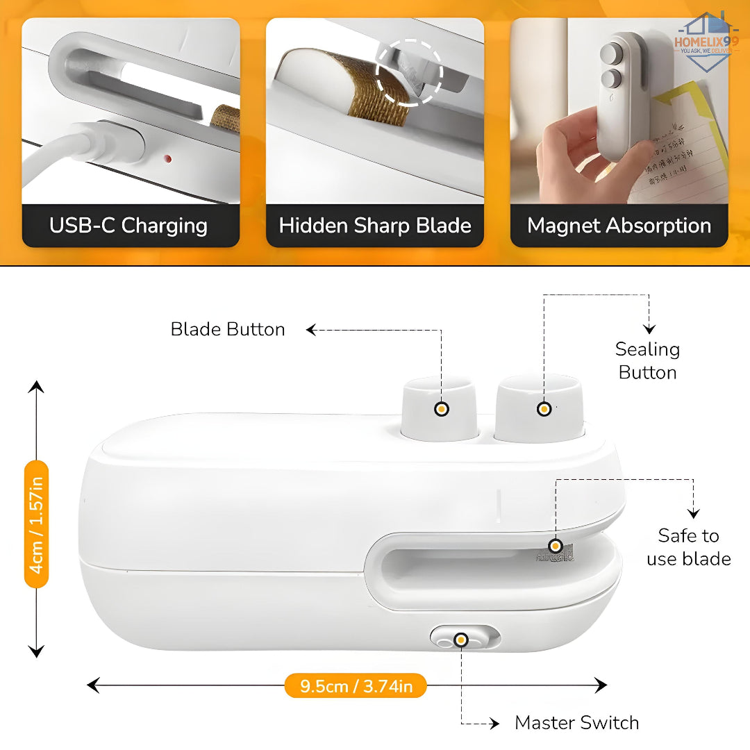 2-in-1 USB Mini Heat Sealer & Cutter for Plastic Snack Bags – Rechargeable, Magnetic, Pocket-Sized