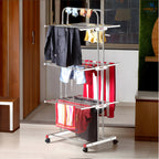 Heavy Duty Stainless Steel Foldable Cloth Drying Stand – 3-Layer Design with Castor Wheels