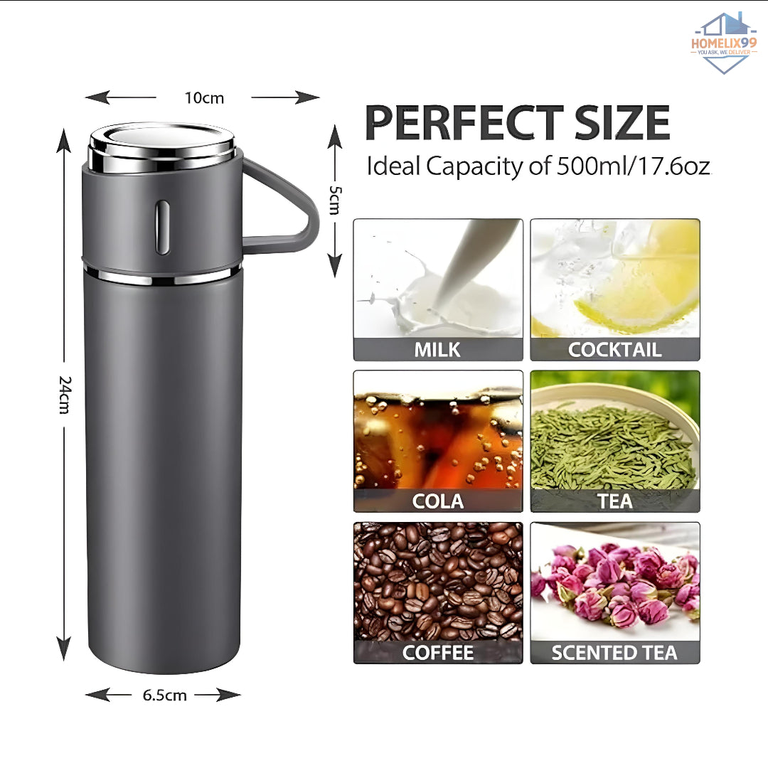 Double Wall Stainless Steel Vacuum Flask – 500ml Hot & Cold Thermos Bottle with Built-in Cup