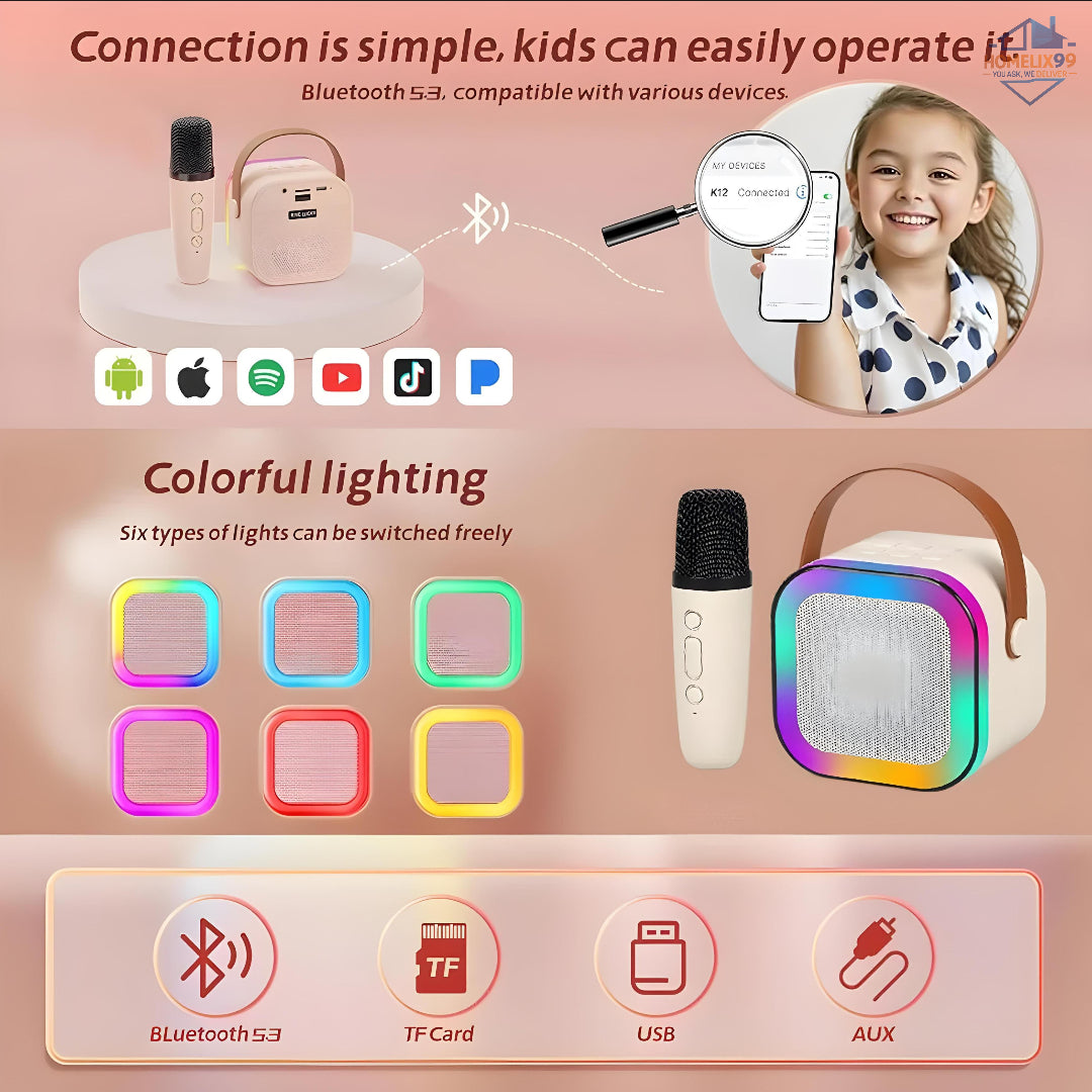 Mini Bluetooth Karaoke Machine for Kids – Wireless Speaker with Mic, Voice Changer & LED Lights