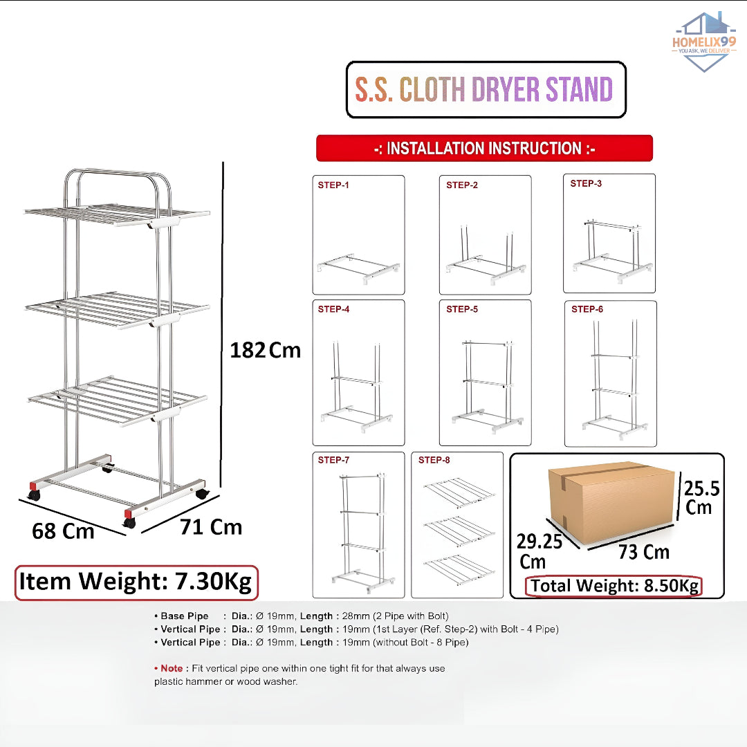 Heavy Duty Stainless Steel Foldable Cloth Drying Stand – 3-Layer Design with Castor Wheels