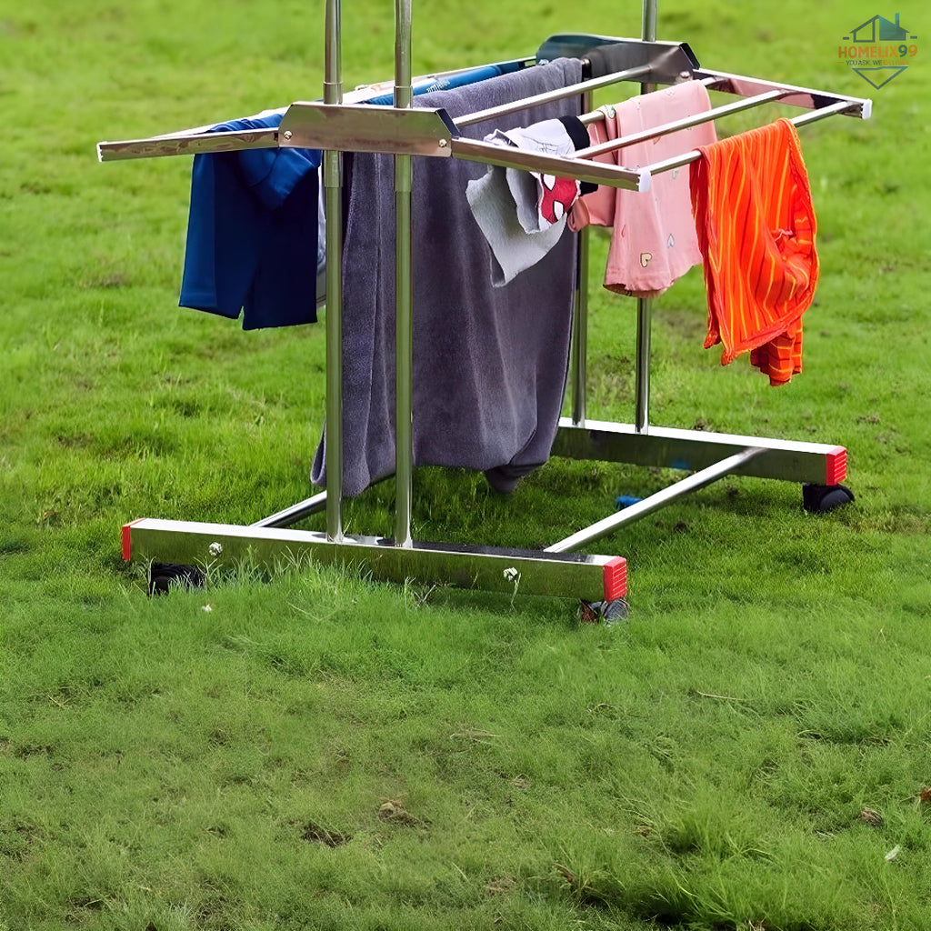 Heavy Duty Stainless Steel Foldable Cloth Drying Stand – 3-Layer Design with Castor Wheels