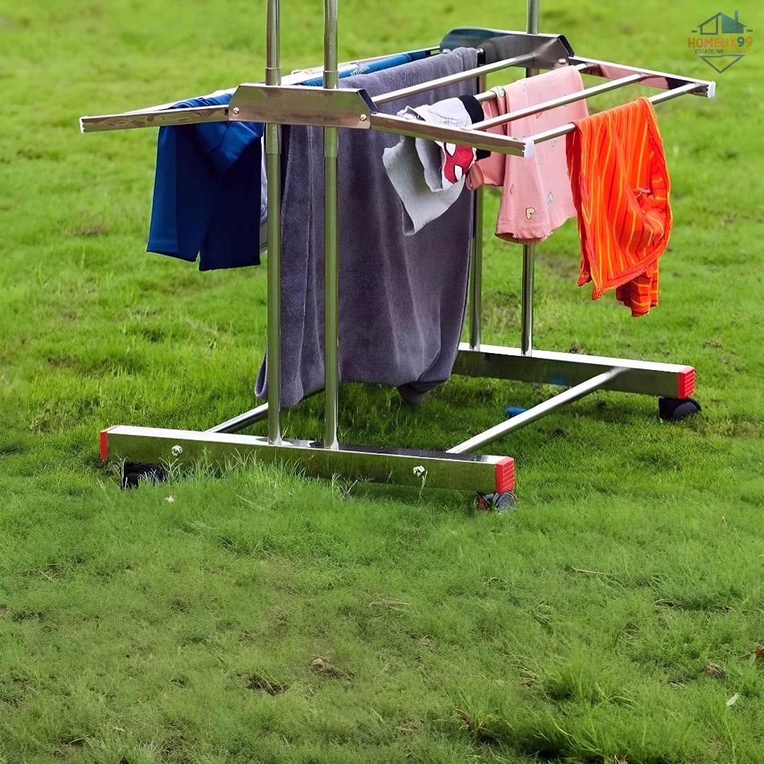 Heavy Duty Stainless Steel Foldable Cloth Drying Stand – 3-Layer Design with Castor Wheels