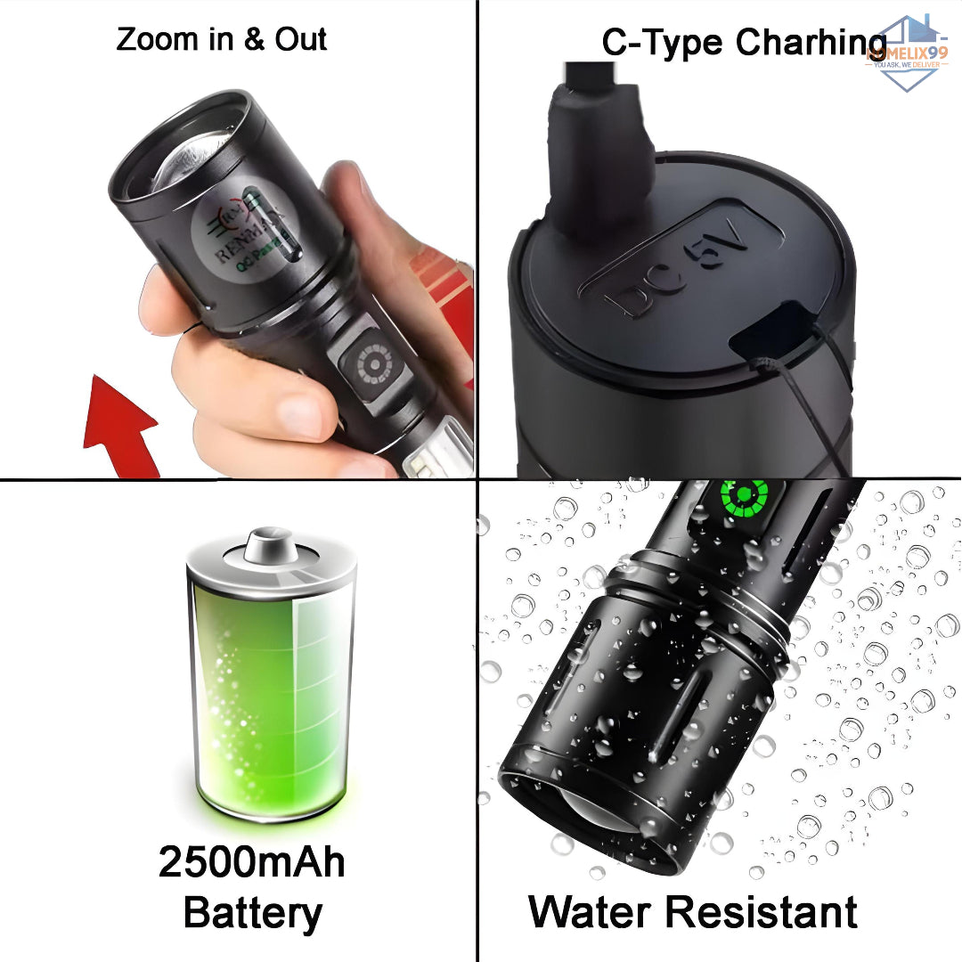 White Laser Long-Range Flashlight – Zoomable LED Torch with Sleek Aluminum Body