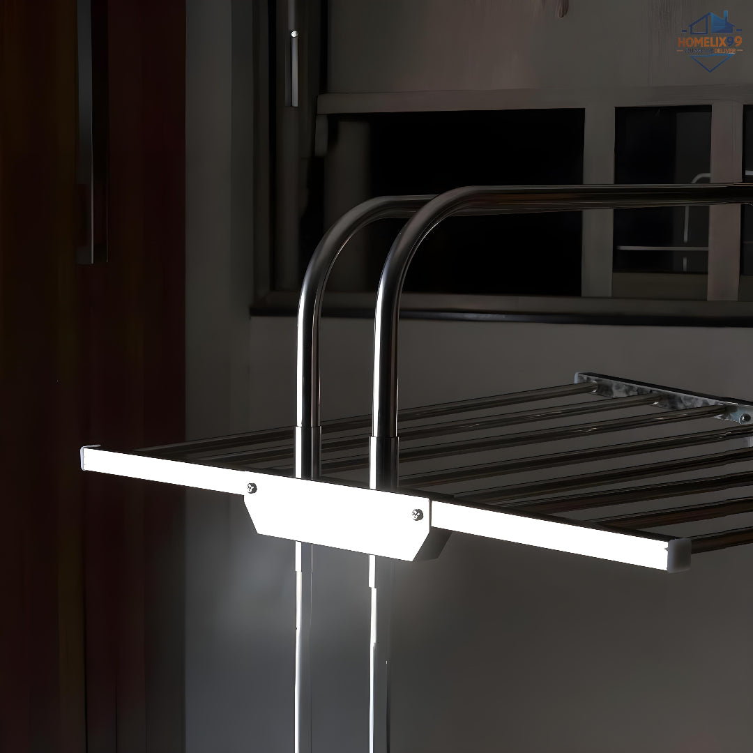 Heavy Duty Stainless Steel Foldable Cloth Drying Stand – 3-Layer Design with Castor Wheels