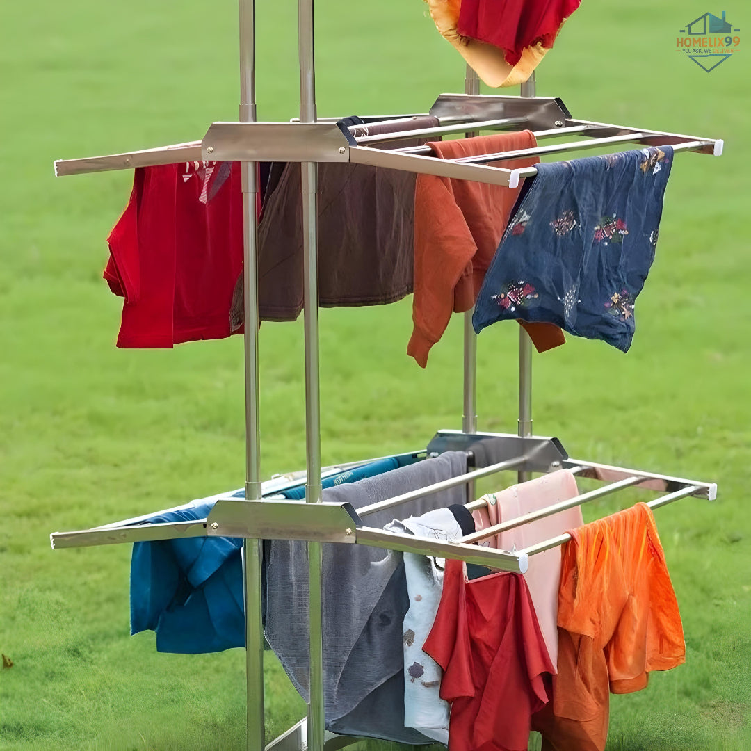 Heavy Duty Stainless Steel Foldable Cloth Drying Stand – 3-Layer Design with Castor Wheels