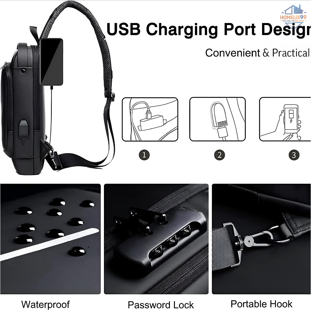 Waterproof Anti-Theft Sling Bag with USB Charging Port – Hard Shell Travel Crossbody Backpack