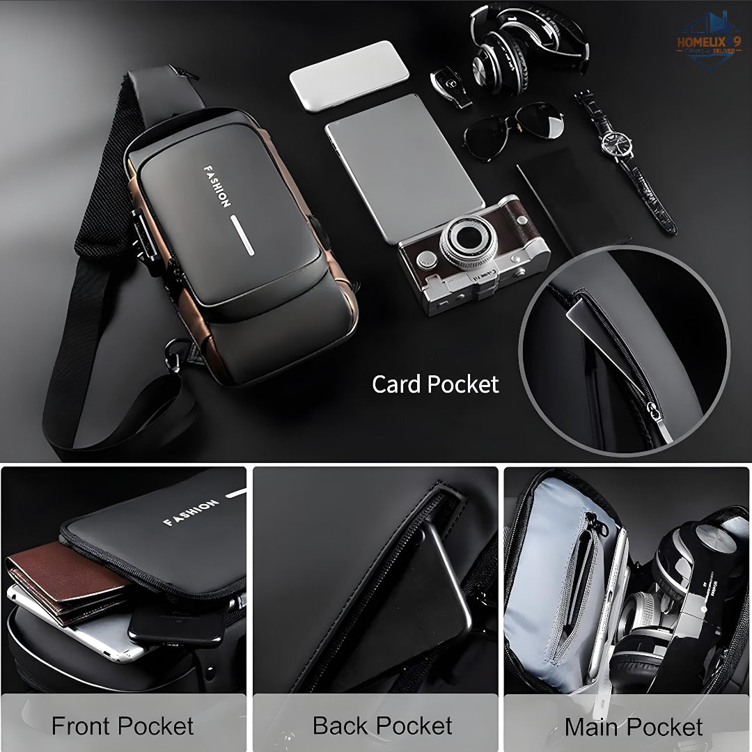Waterproof Anti-Theft Sling Bag with USB Charging Port – Hard Shell Travel Crossbody Backpack