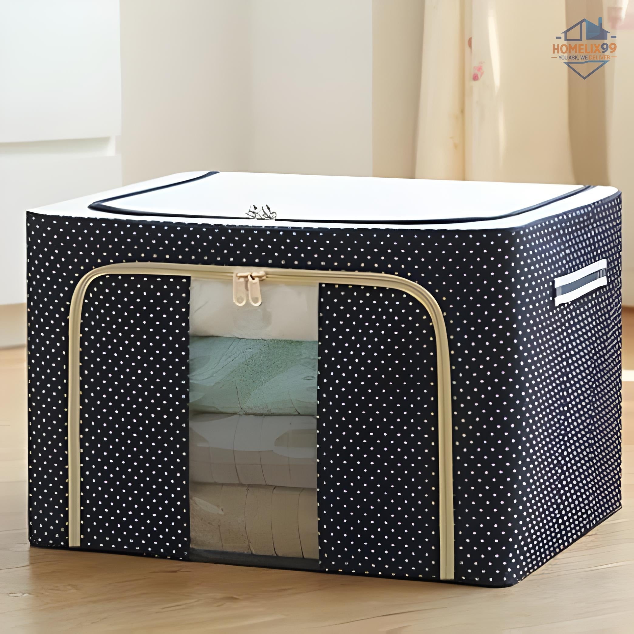 66 LTR Foldable Zip Organizer Bag with Steel Frame – Heavy-Duty Storage for Clothes, Sarees & Blankets