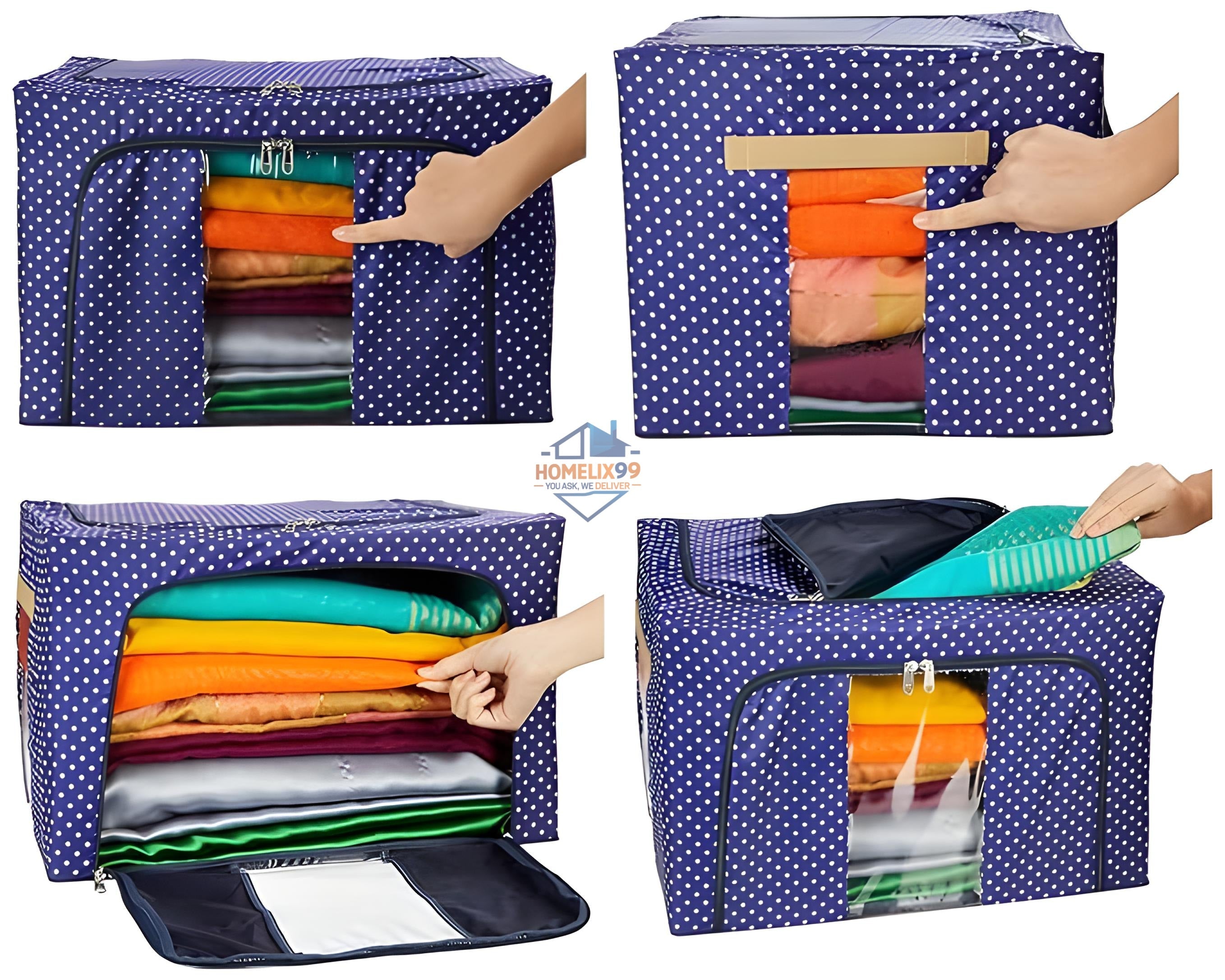 66 LTR Foldable Zip Organizer Bag with Steel Frame – Heavy-Duty Storage for Clothes, Sarees & Blankets