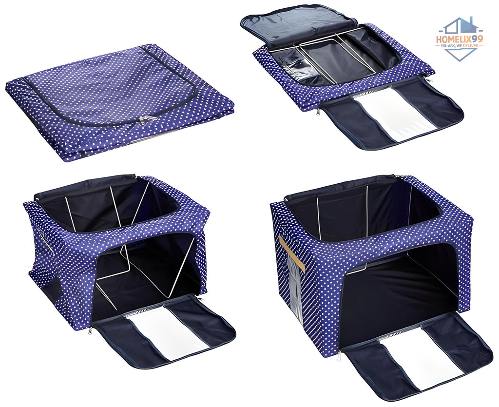66 LTR Foldable Zip Organizer Bag with Steel Frame – Heavy-Duty Storage for Clothes, Sarees & Blankets