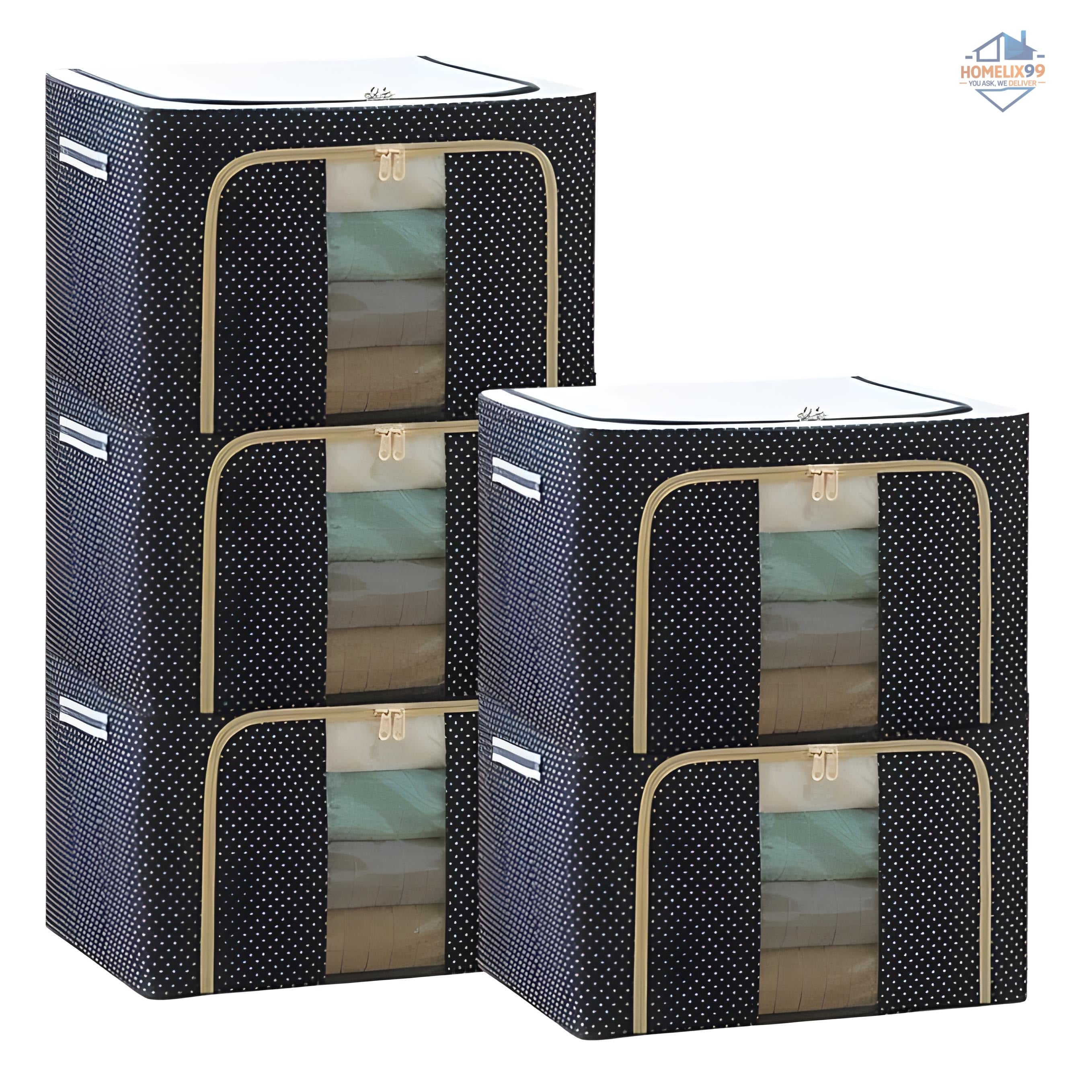 66 LTR Foldable Zip Organizer Bag with Steel Frame – Heavy-Duty Storage for Clothes, Sarees & Blankets