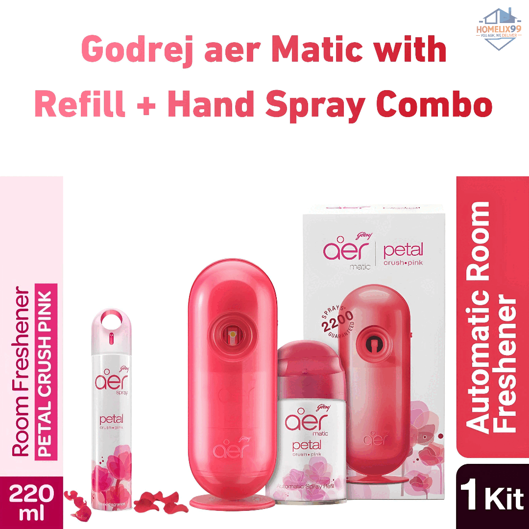 Godrej aer Matic Automatic Air Freshener Kit + Hand Spray – Petal Crush Pink Combo