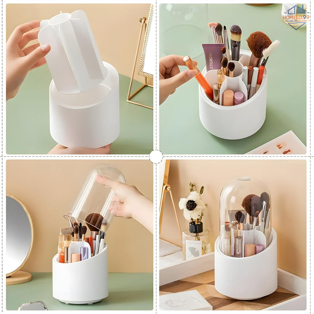 360° Rotating Makeup Brush Organizer with Dustproof Cover – Glam Storage for Vanity