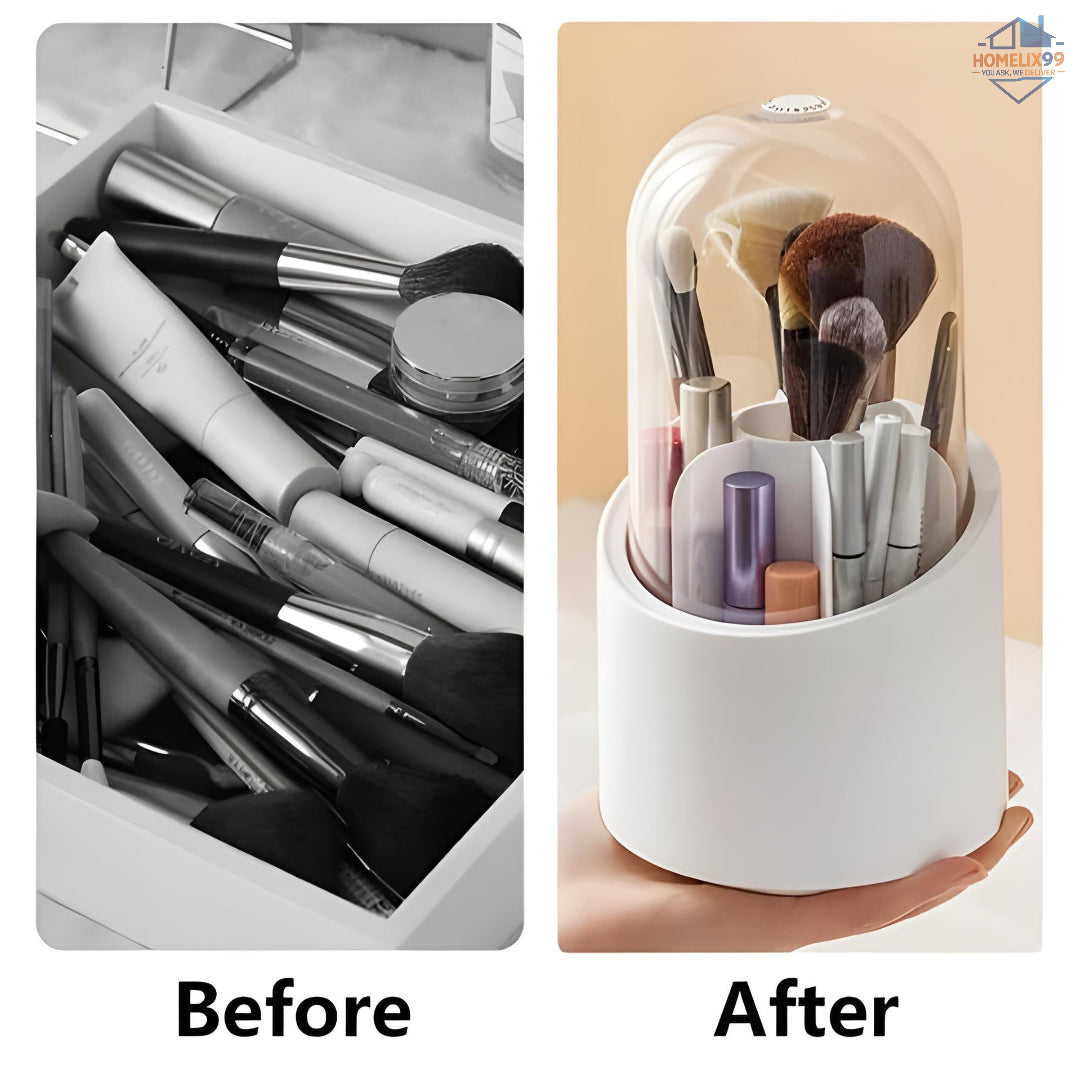 360° Rotating Makeup Brush Organizer with Dustproof Cover – Glam Storage for Vanity