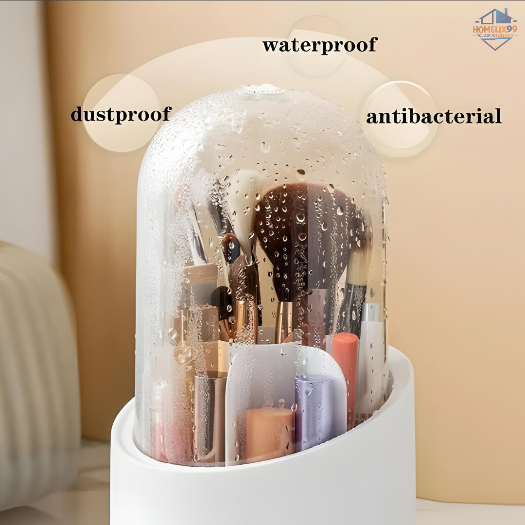 360° Rotating Makeup Brush Organizer with Dustproof Cover – Glam Storage for Vanity