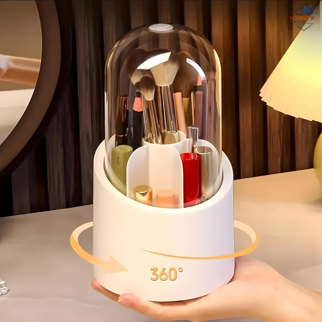 360° Rotating Makeup Brush Organizer with Dustproof Cover – Glam Storage for Vanity