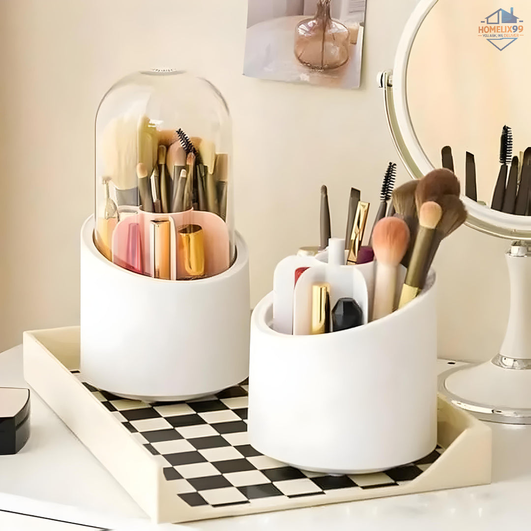 360° Rotating Makeup Brush Organizer with Dustproof Cover – Glam Storage for Vanity