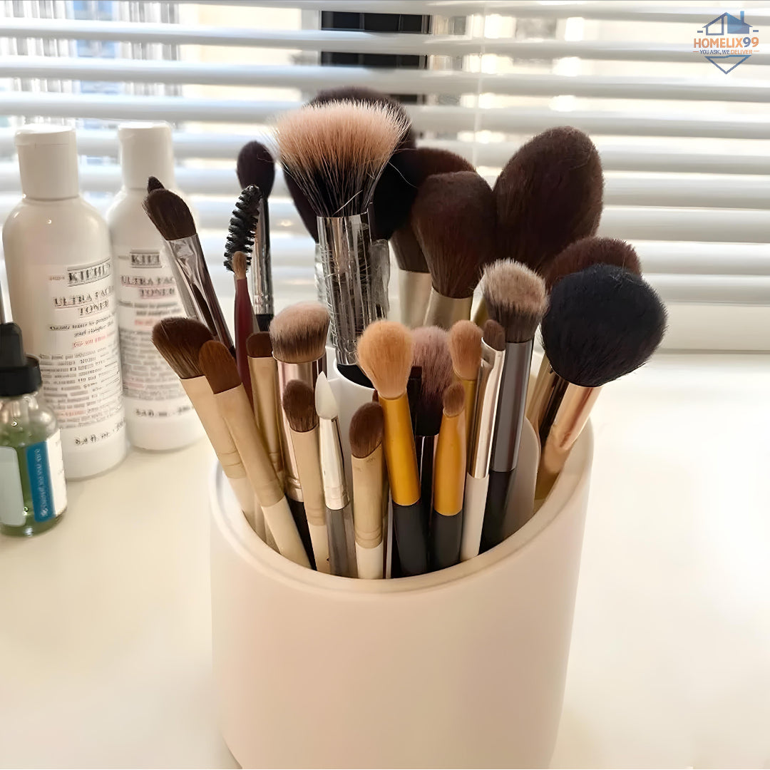 360° Rotating Makeup Brush Organizer with Dustproof Cover – Glam Storage for Vanity