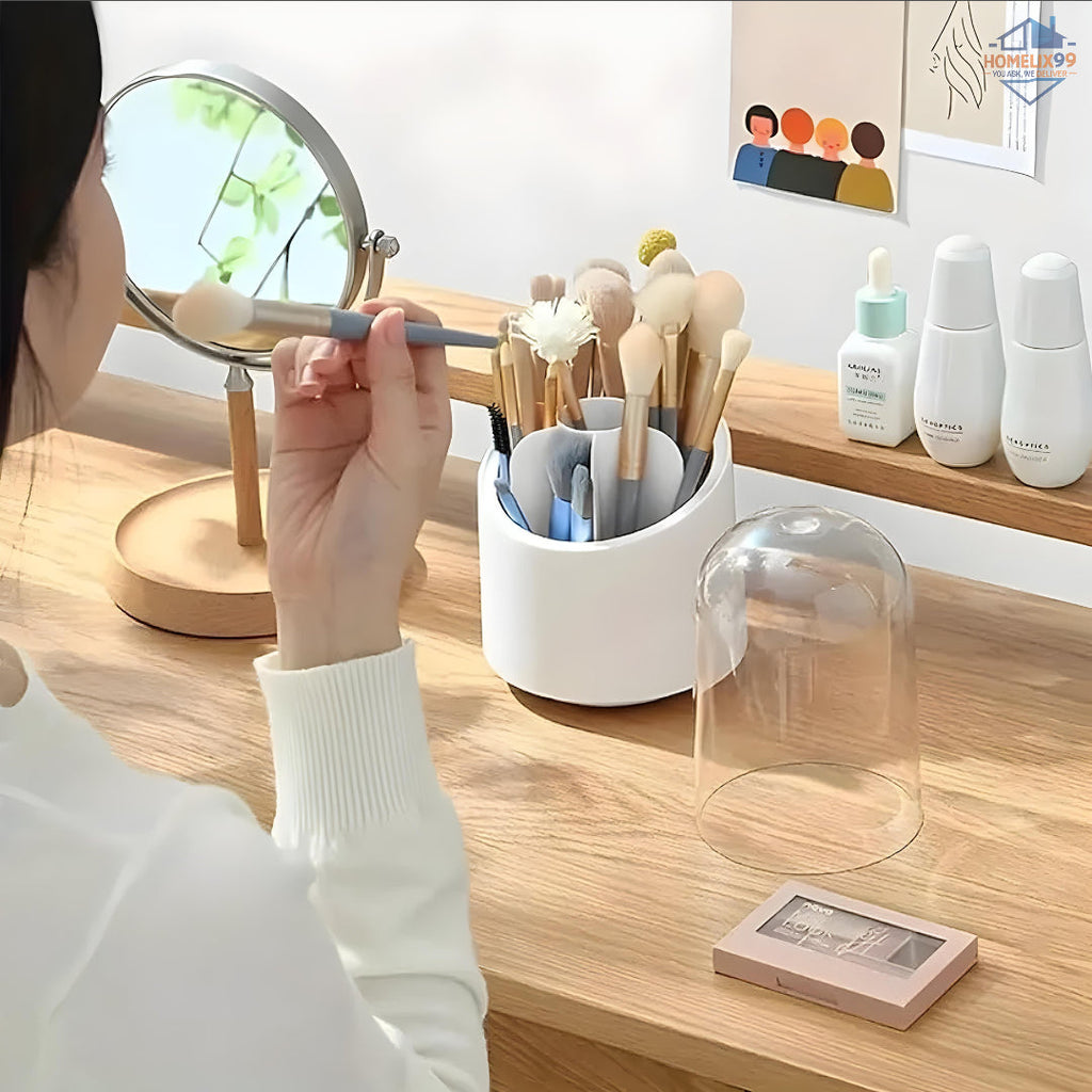 360° Rotating Makeup Brush Organizer with Dustproof Cover – Glam Storage for Vanity
