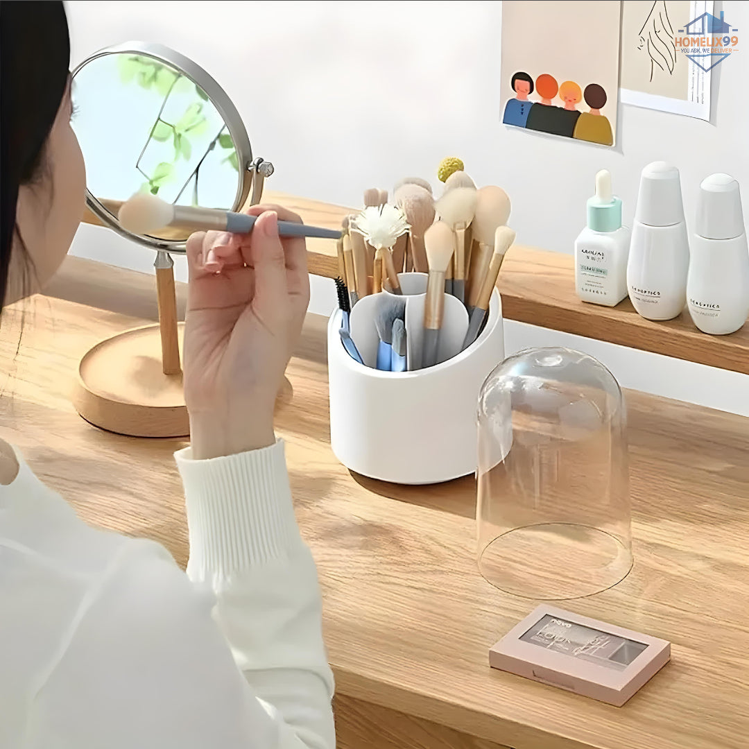 360° Rotating Makeup Brush Organizer with Dustproof Cover – Glam Storage for Vanity