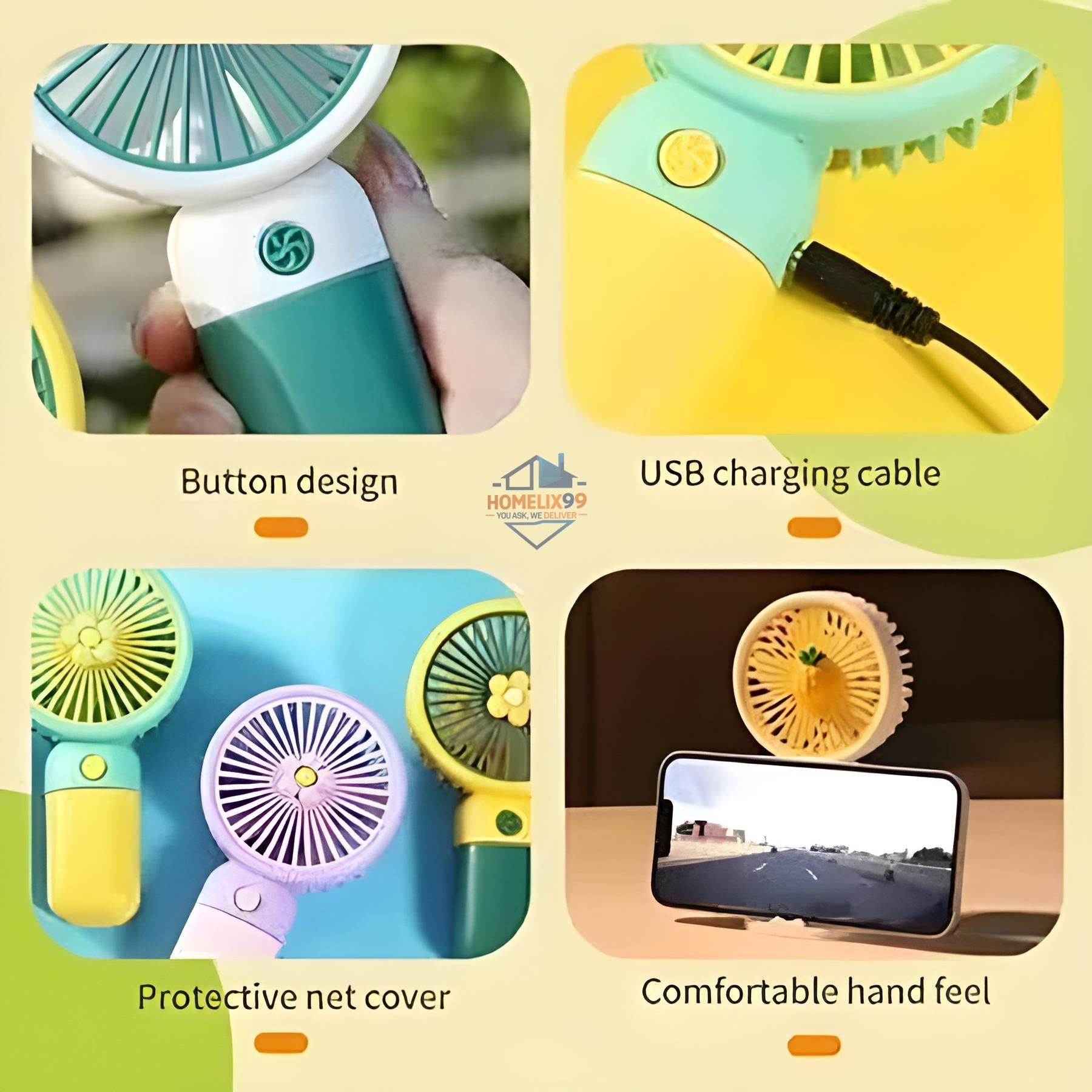 Portable Rechargeable Mini Fan – Handheld USB Fan with Phone Stand & Safety Cover