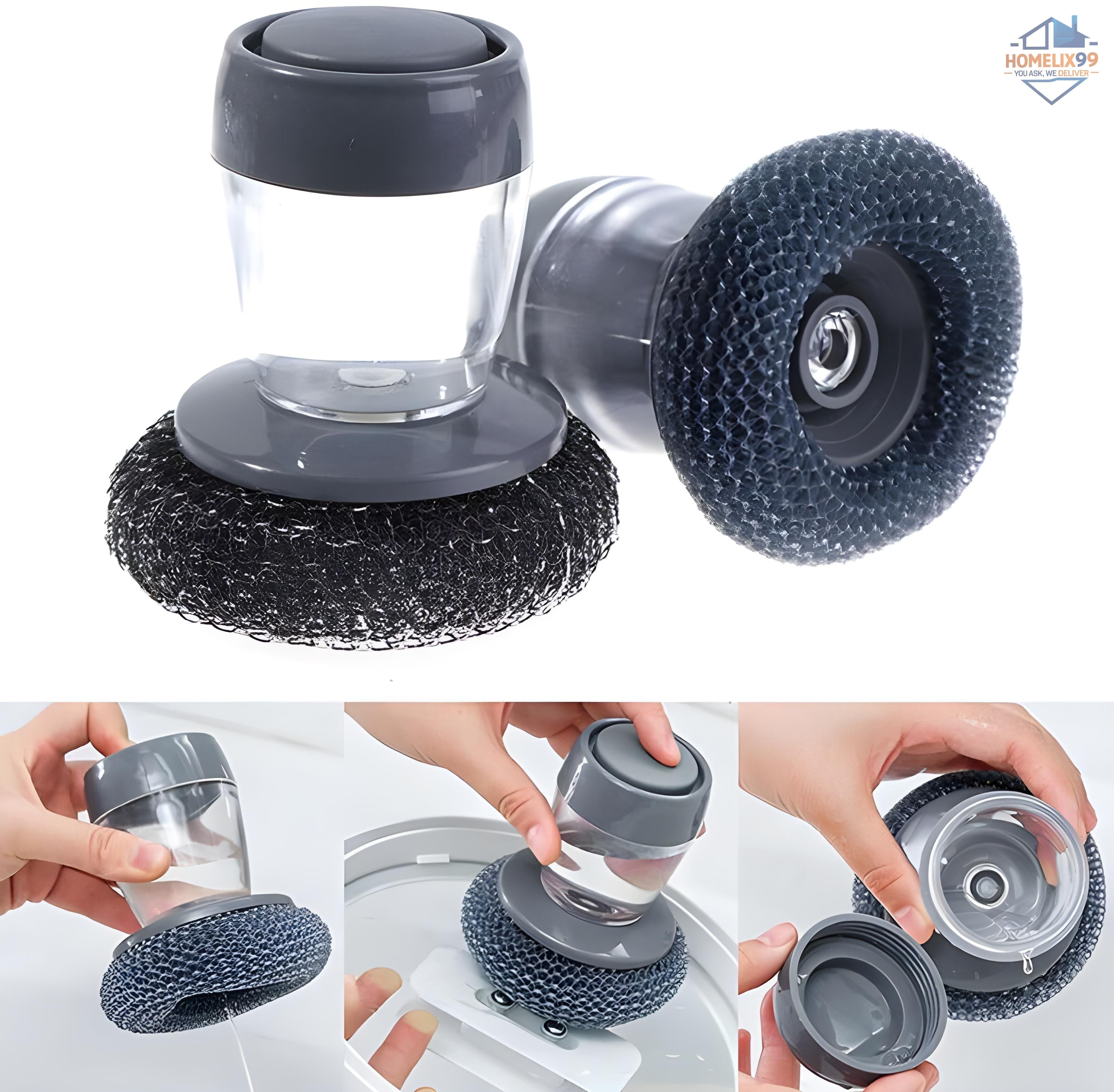 Soap Dispensing Kitchen Cleaning Brush with Stainless Steel Scrubber | Heavy-Duty Grease Remover