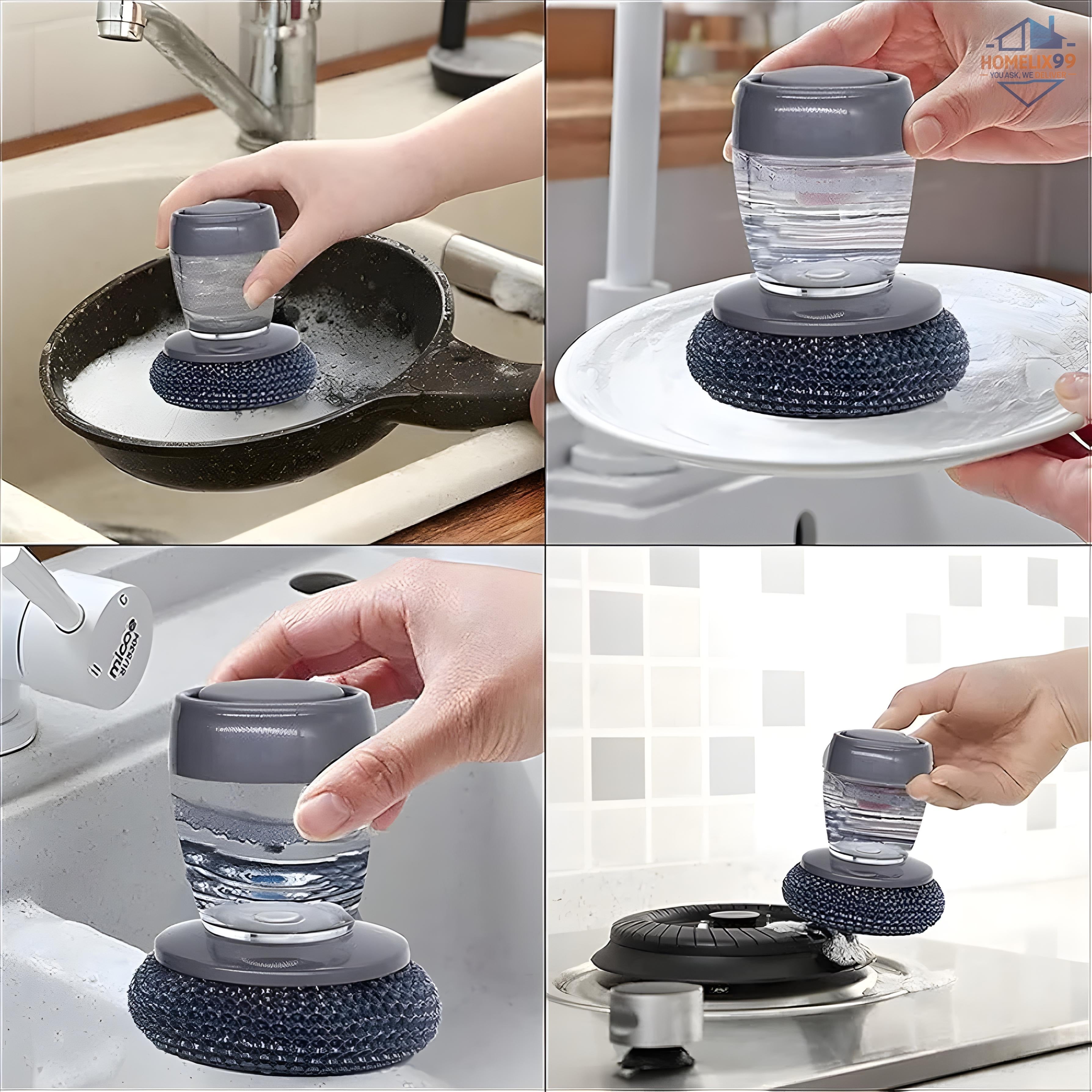 Soap Dispensing Kitchen Cleaning Brush with Stainless Steel Scrubber | Heavy-Duty Grease Remover
