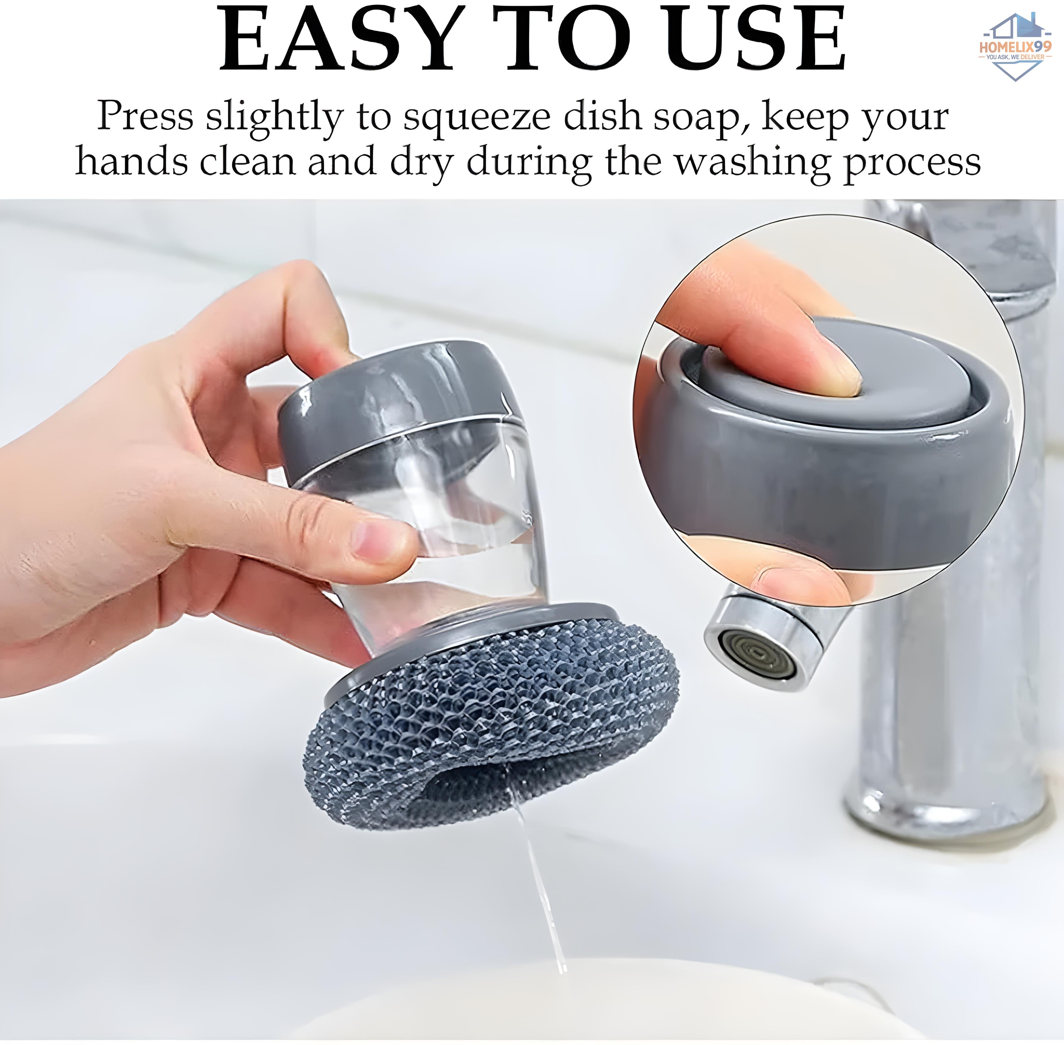 Soap Dispensing Kitchen Cleaning Brush with Stainless Steel Scrubber | Heavy-Duty Grease Remover