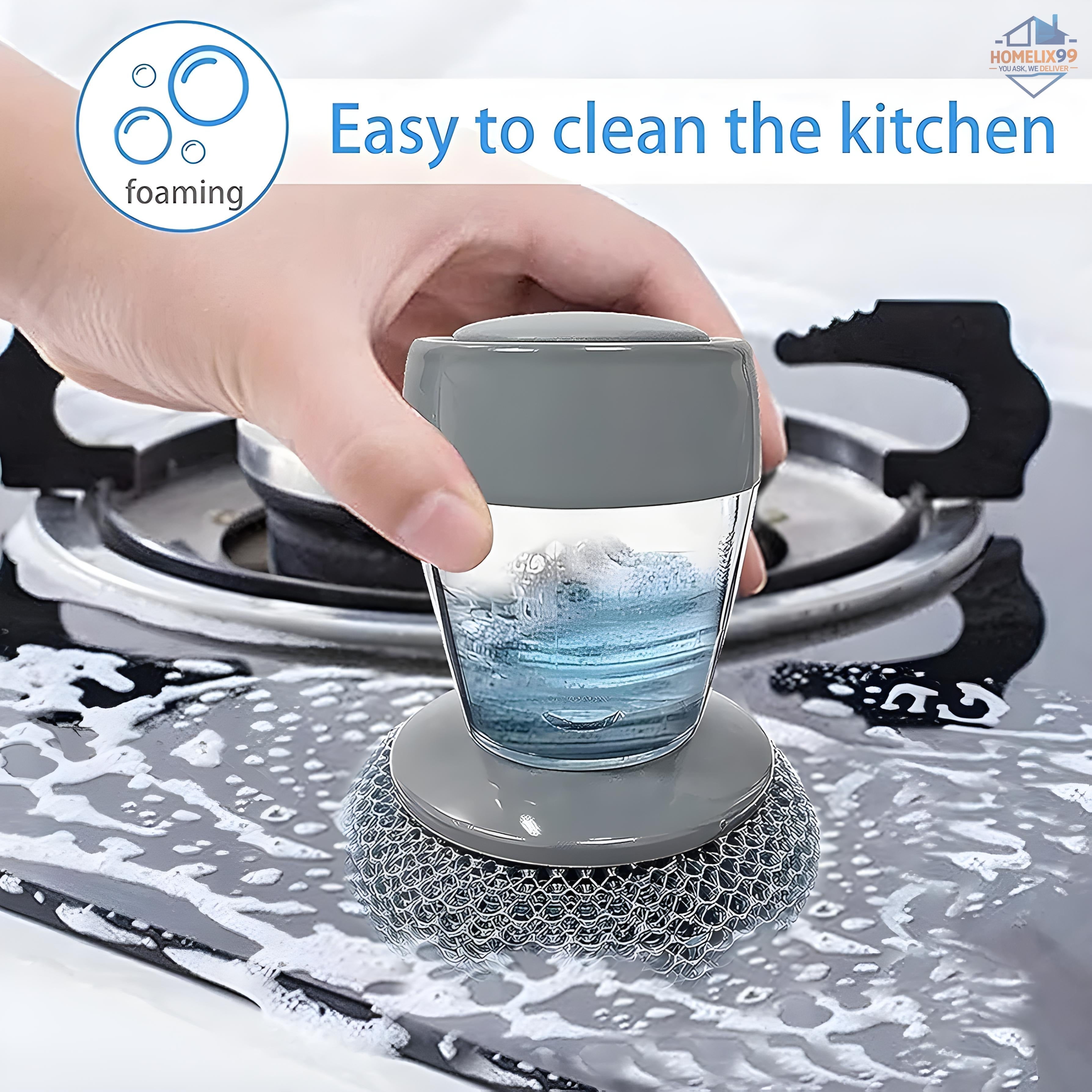 Soap Dispensing Kitchen Cleaning Brush with Stainless Steel Scrubber | Heavy-Duty Grease Remover