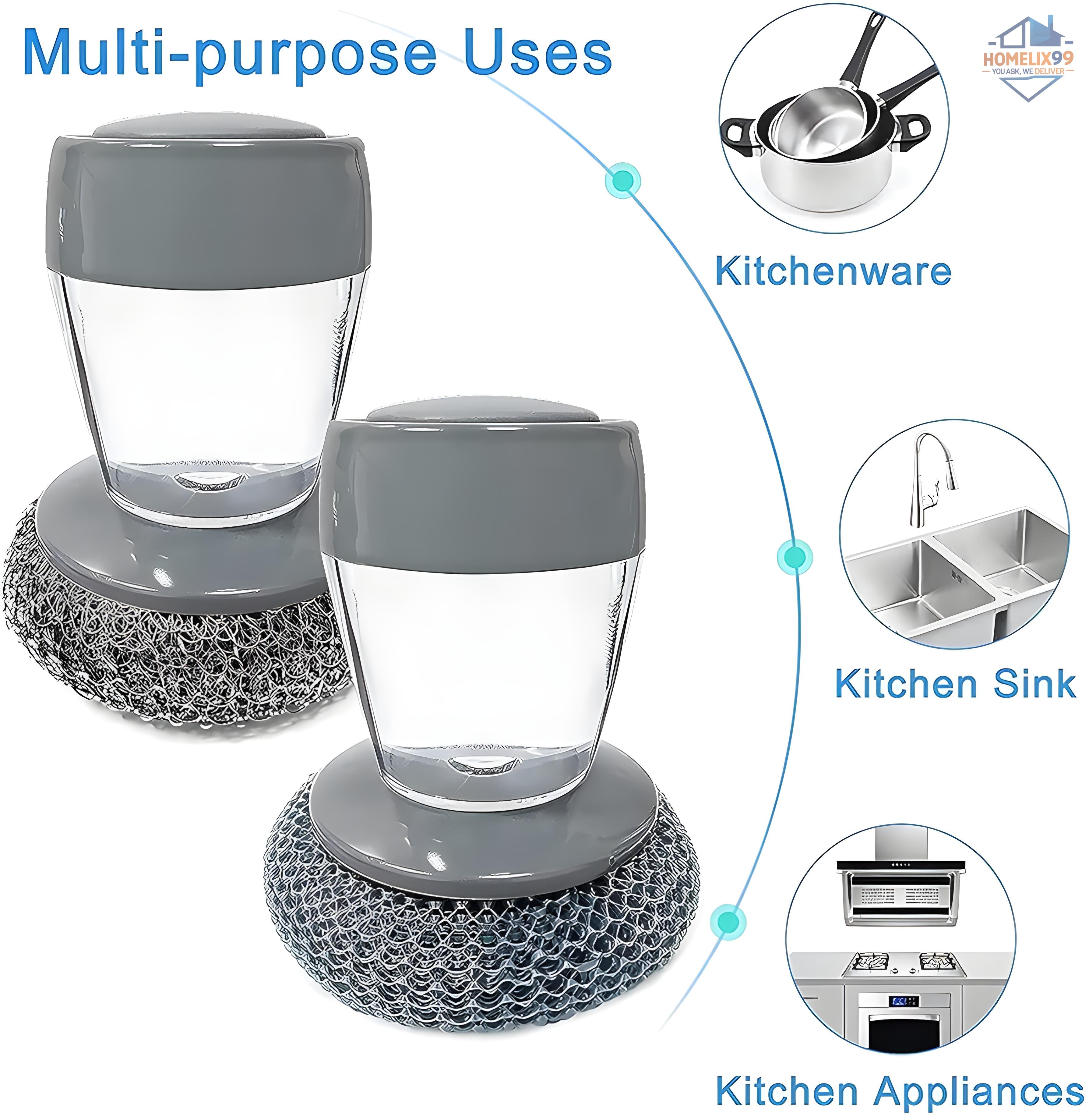 Soap Dispensing Kitchen Cleaning Brush with Stainless Steel Scrubber | Heavy-Duty Grease Remover