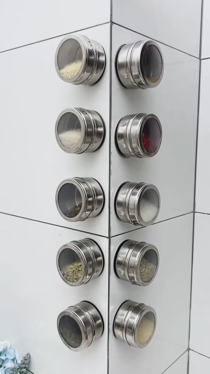 ✨ SS Magnetic Spice Rack – Stainless Steel Jar with Rotating Lid & Fridge Mount (1 Pc) 🧂🌿